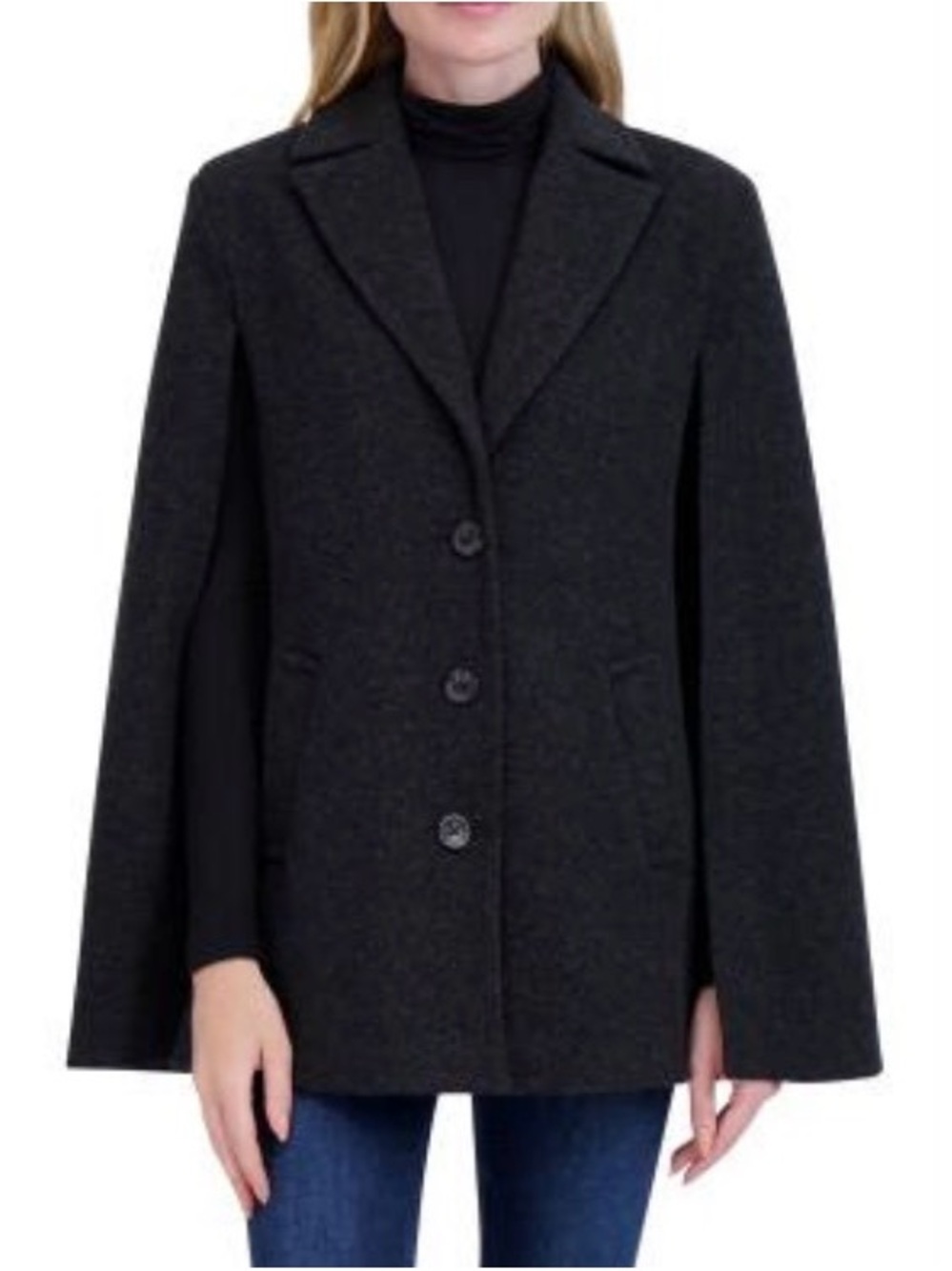 Women's Dark Gray Cape Coat with Button Front
